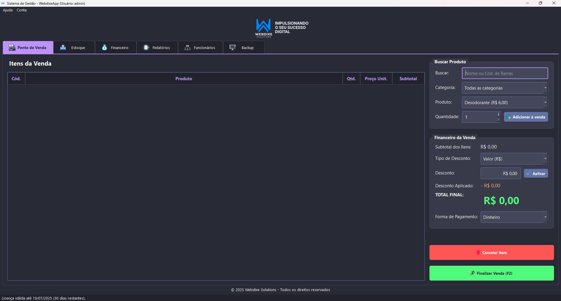 Tela do painel principal do WebdixeApp mostrando gráficos e dados de vendas